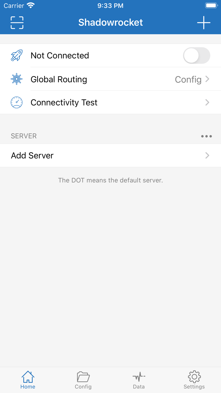 Shadowrocket 메인 화면: 상단에 Not Connected 스위치, Global Routing, Connectivity Test가 있고 아래에 SERVER 그룹과 Add Server가 표시됨