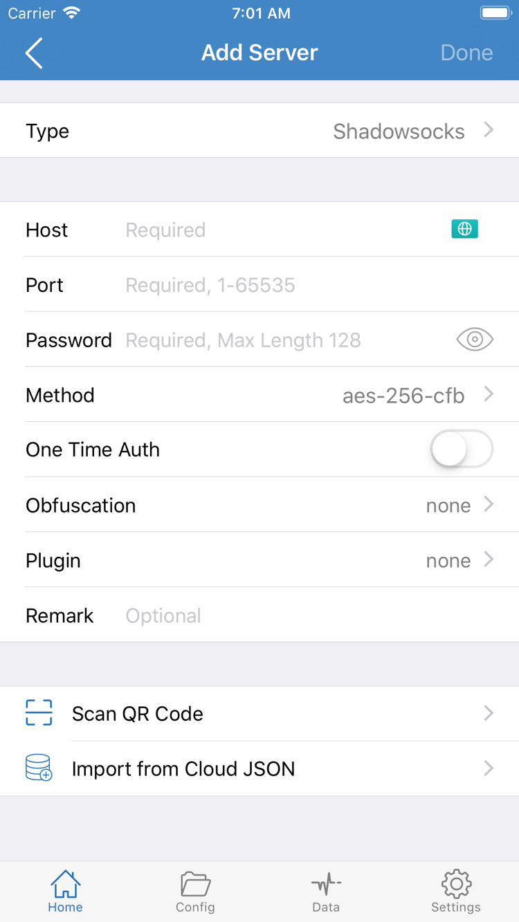 Shadowrocket 서버 추가 화면: Type, Host, Port, Password, Method 및 QR 코드 가져오기 항목 표시