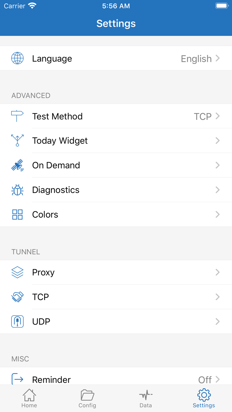 Shadowrocket 설정 화면: Language, Test Method, Today Widget, On Demand, Diagnostics, Proxy, TCP, UDP 표시