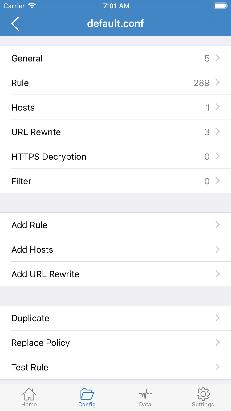 Shadowrocket 설정 파일 편집 화면: General, Rule, Hosts, URL Rewrite, HTTPS Decryption 및 Add Rule 표시